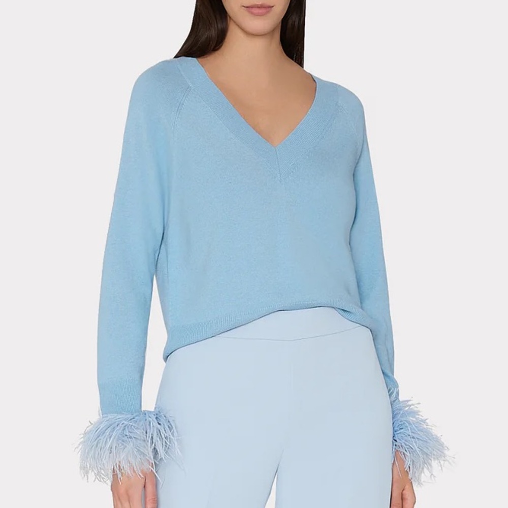 Milly Women's Blue Sweater with Feather Accents